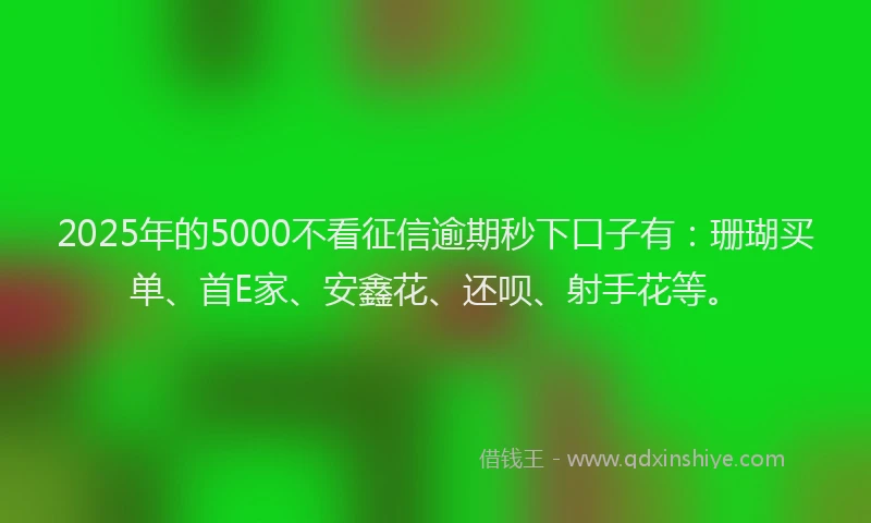 2025年的5000不看征信逾期秒下口子有：珊瑚买单、首E家、安鑫花、还呗、射手花等。