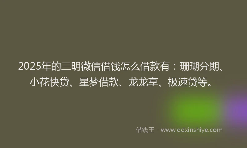 2025年的三明微信借钱怎么借款有：珊瑚分期、小花快贷、星梦借款、龙龙享、极速贷等。