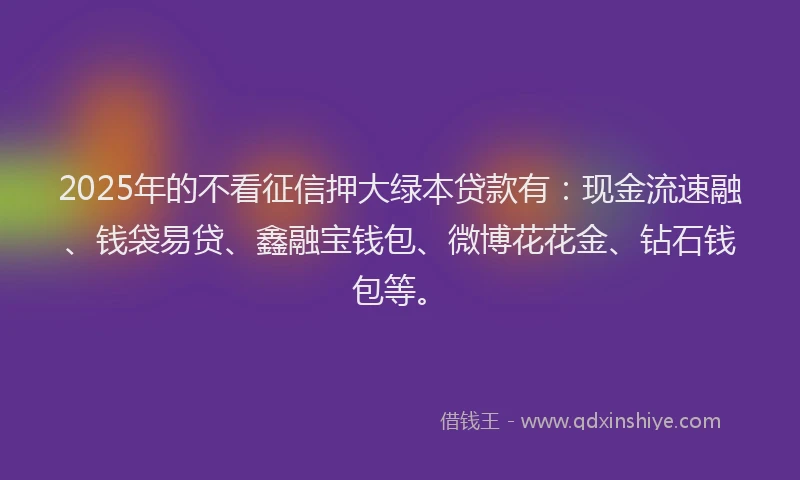 2025年的不看征信押大绿本贷款有：现金流速融、钱袋易贷、鑫融宝钱包、微博花花金、钻石钱包等。