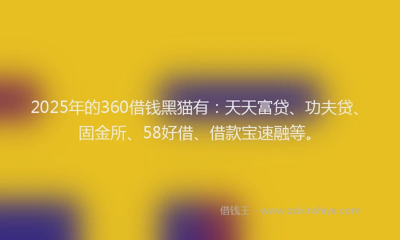 2025年的360借钱黑猫有：天天富贷、功夫贷、固金所、58好借、借款宝速融等。