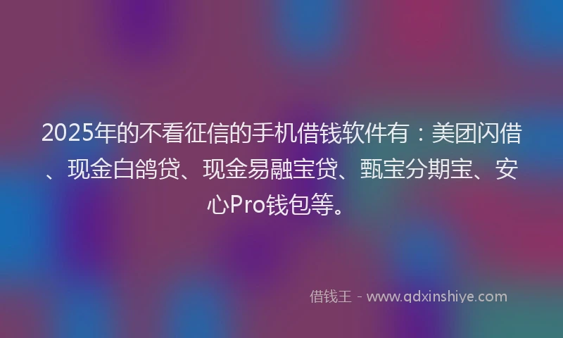 2025年的不看征信的手机借钱软件有：美团闪借、现金白鸽贷、现金易融宝贷、甄宝分期宝、安心Pro钱包等。