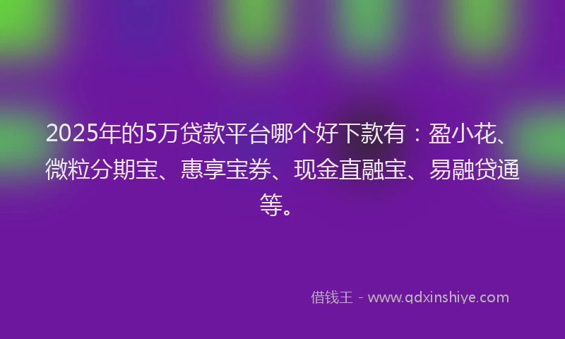2025年的5万贷款平台哪个好下款有：盈小花、微粒分期宝、惠享宝券、现金直融宝、易融贷通等。