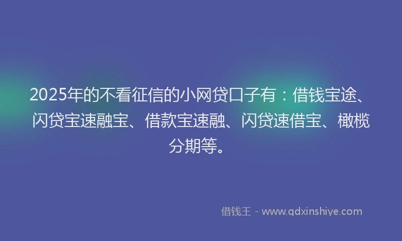 2025年的不看征信的小网贷口子有：借钱宝途、闪贷宝速融宝、借款宝速融、闪贷速借宝、橄榄分期等。
