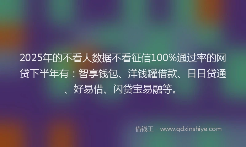 2025年的不看大数据不看征信100%通过率的网贷下半年有：智享钱包、洋钱罐借款、日日贷通、好易借、闪贷宝易融等。