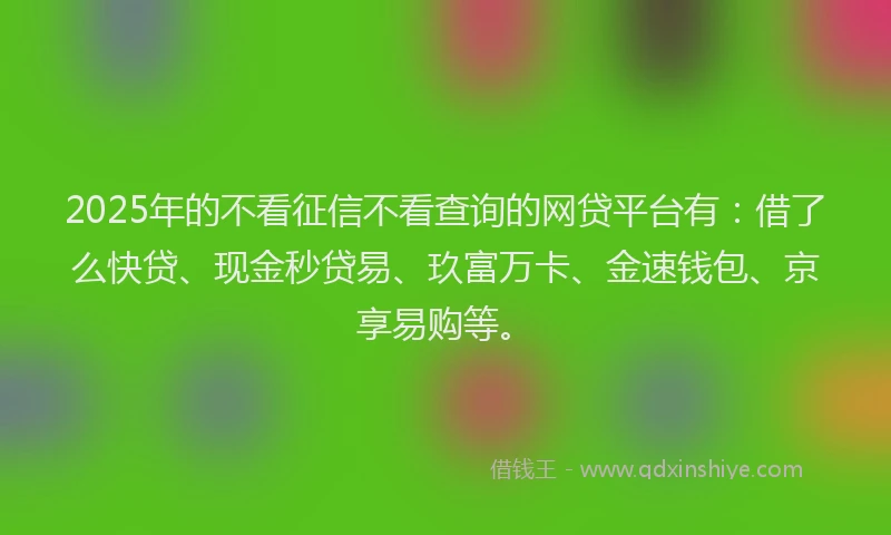 2025年的不看征信不看查询的网贷平台有：借了么快贷、现金秒贷易、玖富万卡、金速钱包、京享易购等。