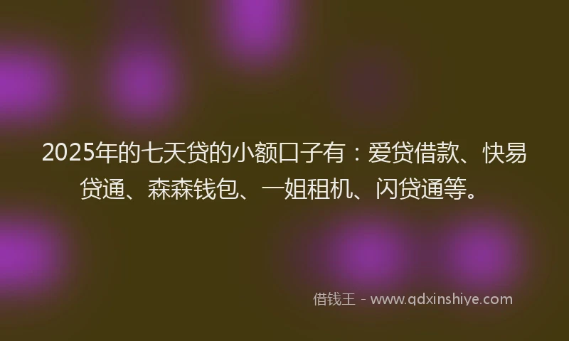 2025年的七天贷的小额口子有：爱贷借款、快易贷通、森森钱包、一姐租机、闪贷通等。