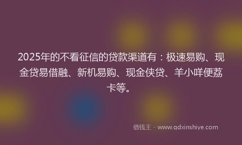 2025年的不看征信的贷款渠道有：极速易购、现金贷易借融、新机易购、现金侠贷、羊小咩便荔卡等。