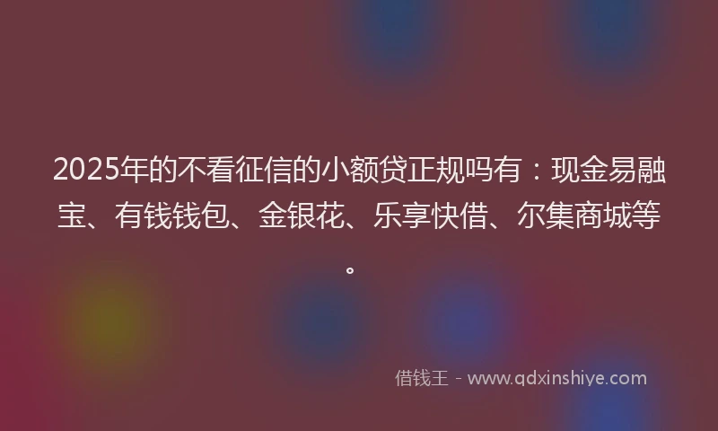 2025年的不看征信的小额贷正规吗有：现金易融宝、有钱钱包、金银花、乐享快借、尔集商城等。