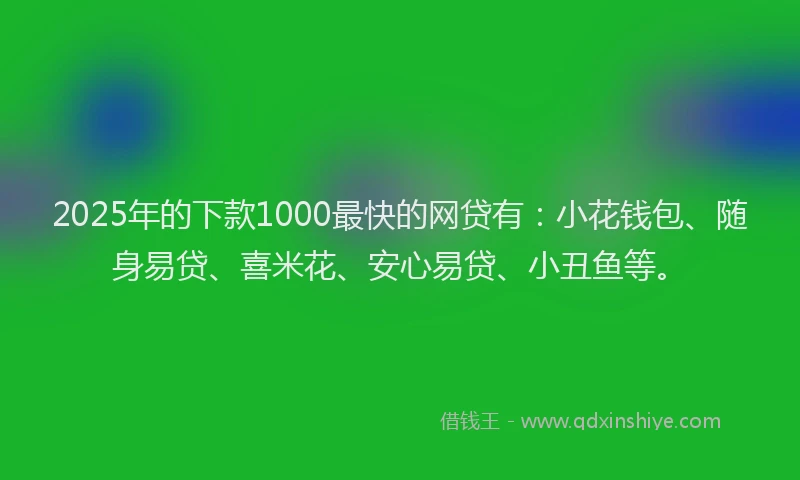 2025年的下款1000最快的网贷有：小花钱包、随身易贷、喜米花、安心易贷、小丑鱼等。