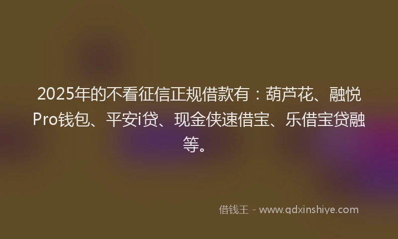 2025年的不看征信正规借款有：葫芦花、融悦Pro钱包、平安i贷、现金侠速借宝、乐借宝贷融等。