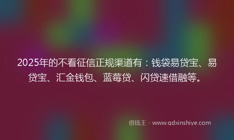 2025年的不看征信正规渠道有：钱袋易贷宝、易贷宝、汇金钱包、蓝莓贷、闪贷速借融等。