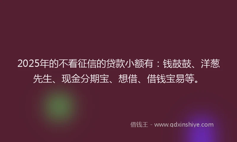 2025年的不看征信的贷款小额有：钱鼓鼓、洋葱先生、现金分期宝、想借、借钱宝易等。