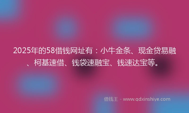 2025年的58借钱网址有：小牛金条、现金贷易融、柯基速借、钱袋速融宝、钱速达宝等。