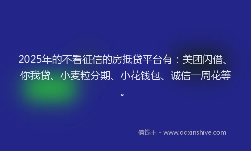 2025年的不看征信的房抵贷平台有：美团闪借、你我贷、小麦粒分期、小花钱包、诚信一周花等。