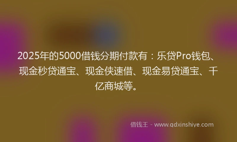 2025年的5000借钱分期付款有：乐贷Pro钱包、现金秒贷通宝、现金侠速借、现金易贷通宝、千亿商城等。