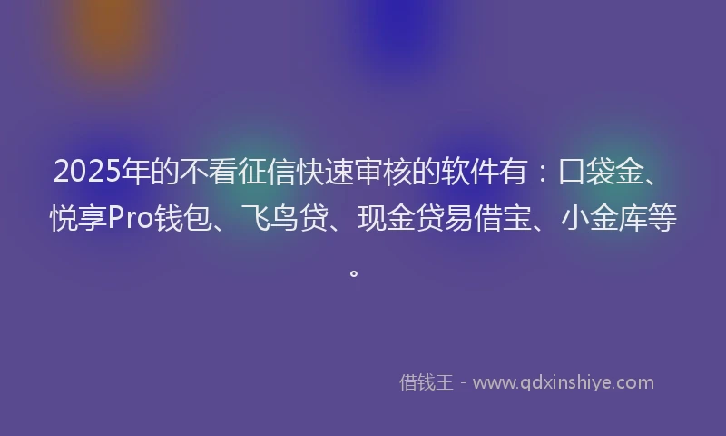 2025年的不看征信快速审核的软件有：口袋金、悦享Pro钱包、飞鸟贷、现金贷易借宝、小金库等。