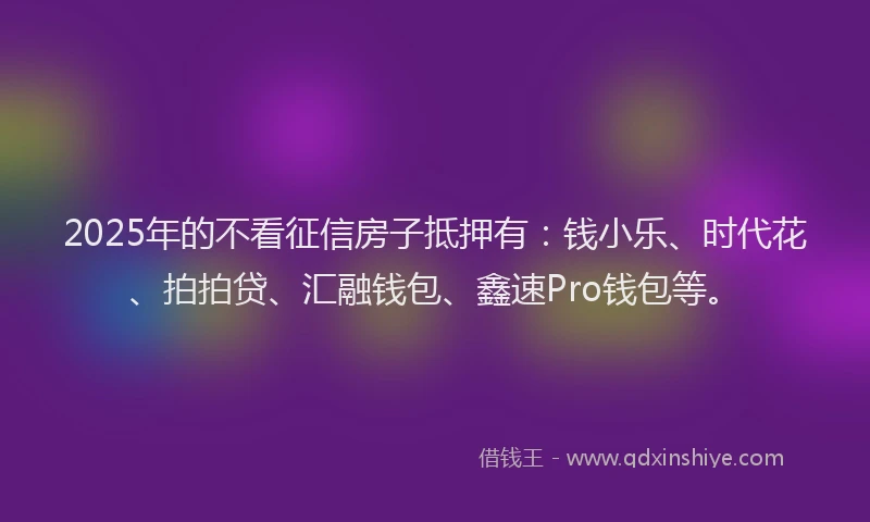 2025年的不看征信房子抵押有：钱小乐、时代花、拍拍贷、汇融钱包、鑫速Pro钱包等。