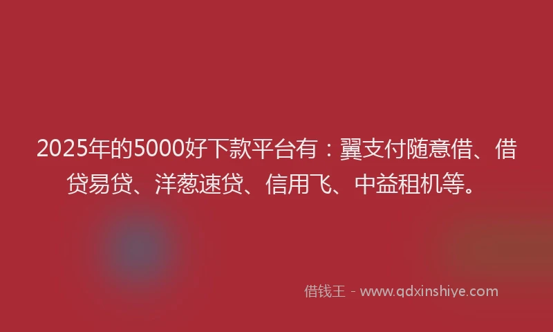 2025年的5000好下款平台有：翼支付随意借、借贷易贷、洋葱速贷、信用飞、中益租机等。