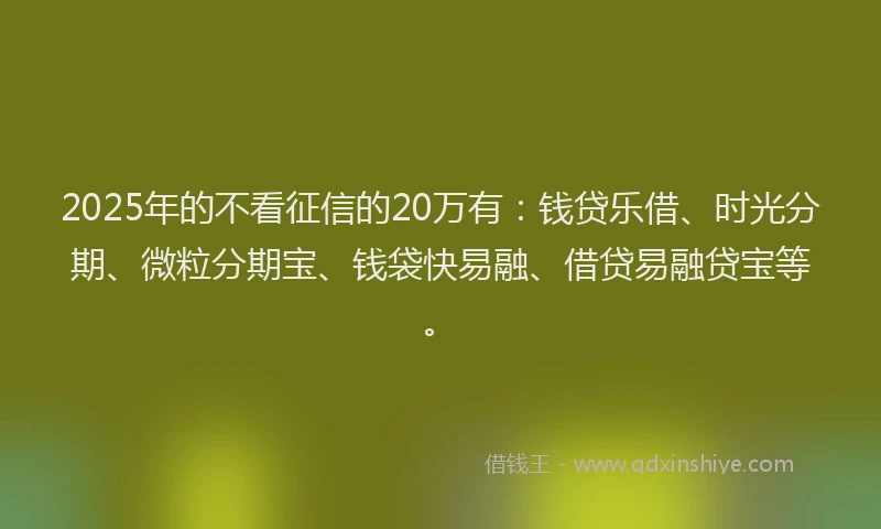 2025年的不看征信的20万有：钱贷乐借、时光分期、微粒分期宝、钱袋快易融、借贷易融贷宝等。