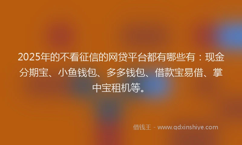 2025年的不看征信的网贷平台都有哪些有：现金分期宝、小鱼钱包、多多钱包、借款宝易借、掌中宝租机等。