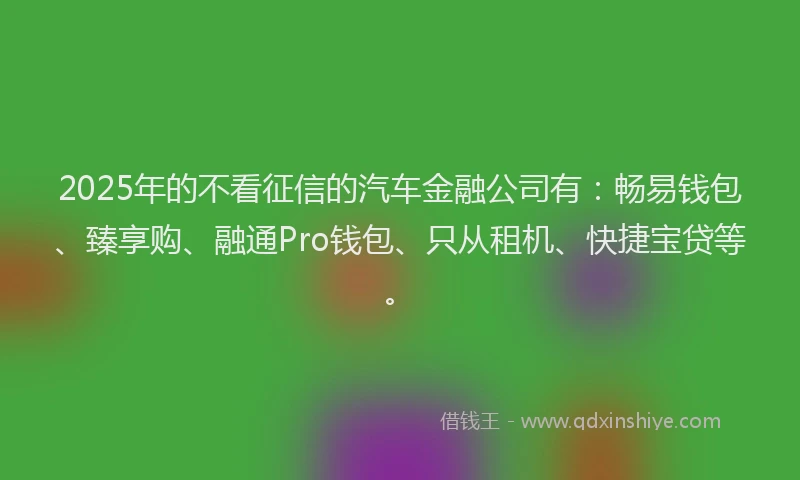2025年的不看征信的汽车金融公司有：畅易钱包、臻享购、融通Pro钱包、只从租机、快捷宝贷等。
