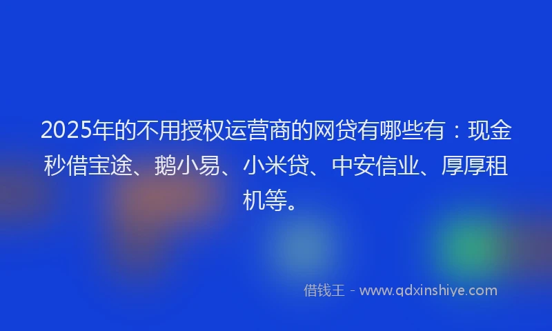 2025年的不用授权运营商的网贷有哪些有：现金秒借宝途、鹅小易、小米贷、中安信业、厚厚租机等。