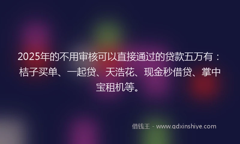 2025年的不用审核可以直接通过的贷款五万有：桔子买单、一起贷、天浩花、现金秒借贷、掌中宝租机等。