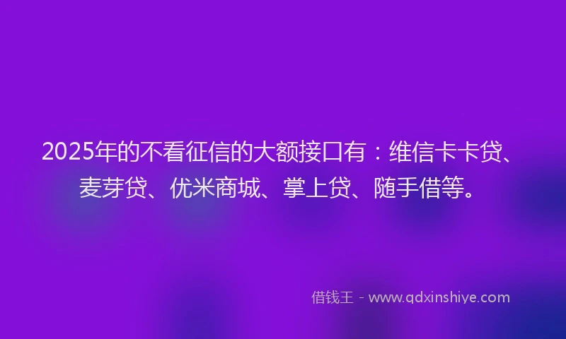 2025年的不看征信的大额接口有：维信卡卡贷、麦芽贷、优米商城、掌上贷、随手借等。