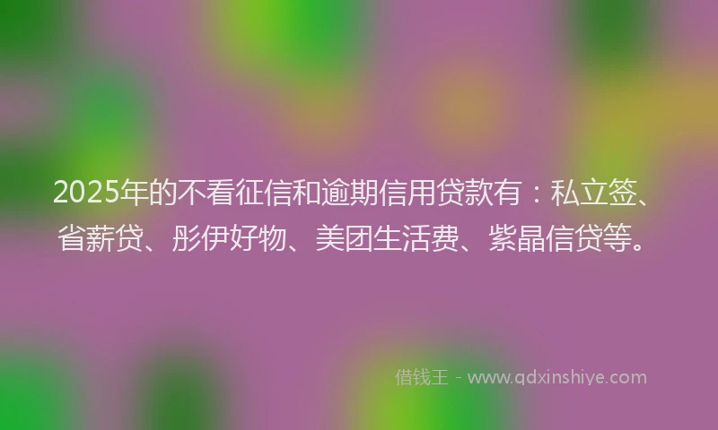 2025年的不看征信和逾期信用贷款有：私立签、省薪贷、彤伊好物、美团生活费、紫晶信贷等。