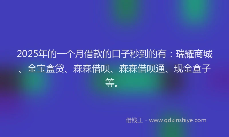 2025年的一个月借款的口子秒到的有：瑞耀商城、金宝盒贷、森森借呗、森森借呗通、现金盒子等。
