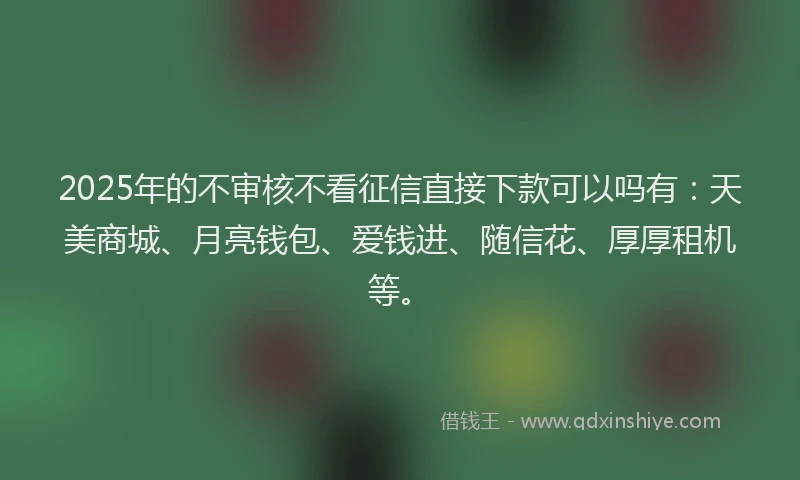 2025年的不审核不看征信直接下款可以吗有：天美商城、月亮钱包、爱钱进、随信花、厚厚租机等。
