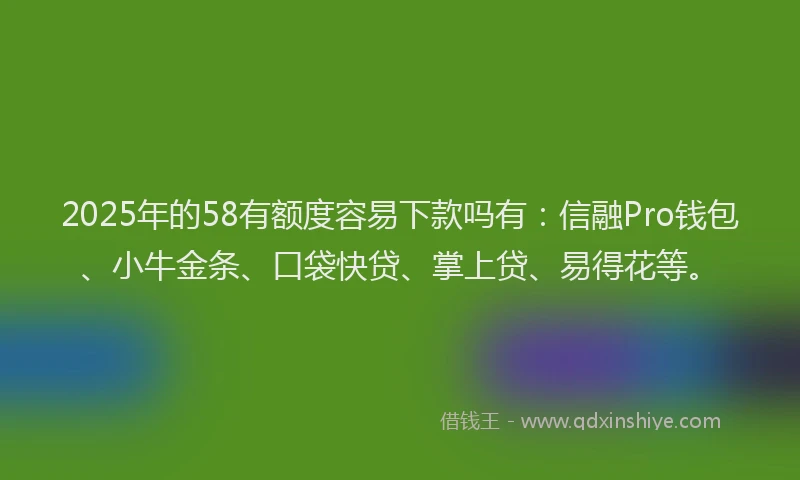 2025年的58有额度容易下款吗有：信融Pro钱包、小牛金条、口袋快贷、掌上贷、易得花等。