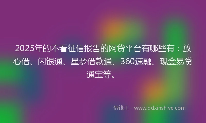 2025年的不看征信报告的网贷平台有哪些有：放心借、闪银通、星梦借款通、360速融、现金易贷通宝等。