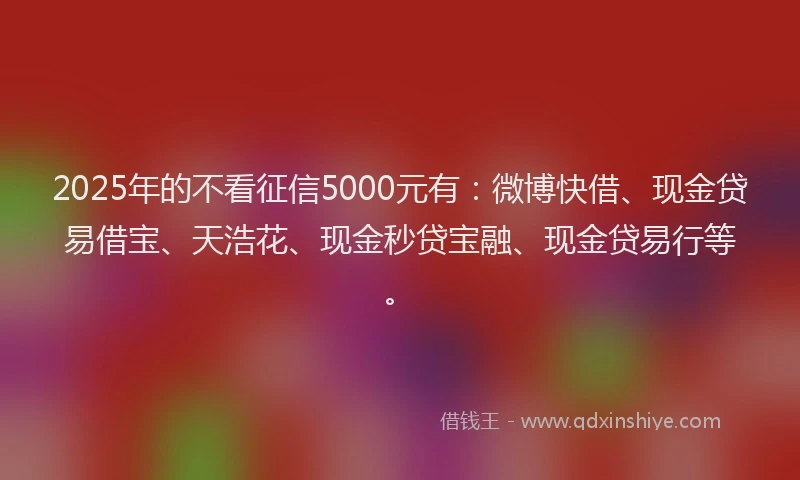 2025年的不看征信5000元有：微博快借、现金贷易借宝、天浩花、现金秒贷宝融、现金贷易行等。