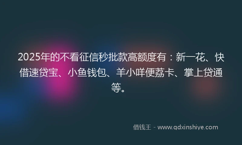 2025年的不看征信秒批款高额度有：新一花、快借速贷宝、小鱼钱包、羊小咩便荔卡、掌上贷通等。