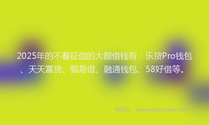 2025年的不看征信的大额借钱有：乐贷Pro钱包、天天富贷、甄易借、融通钱包、58好借等。