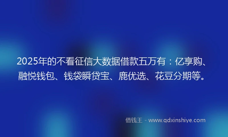 2025年的不看征信大数据借款五万有：亿享购、融悦钱包、钱袋瞬贷宝、鹿优选、花豆分期等。