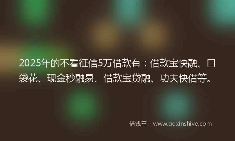 2025年的不看征信5万借款有：借款宝快融、口袋花、现金秒融易、借款宝贷融、功夫快借等。