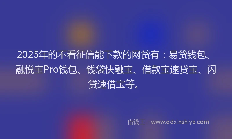 2025年的不看征信能下款的网贷有：易贷钱包、融悦宝Pro钱包、钱袋快融宝、借款宝速贷宝、闪贷速借宝等。