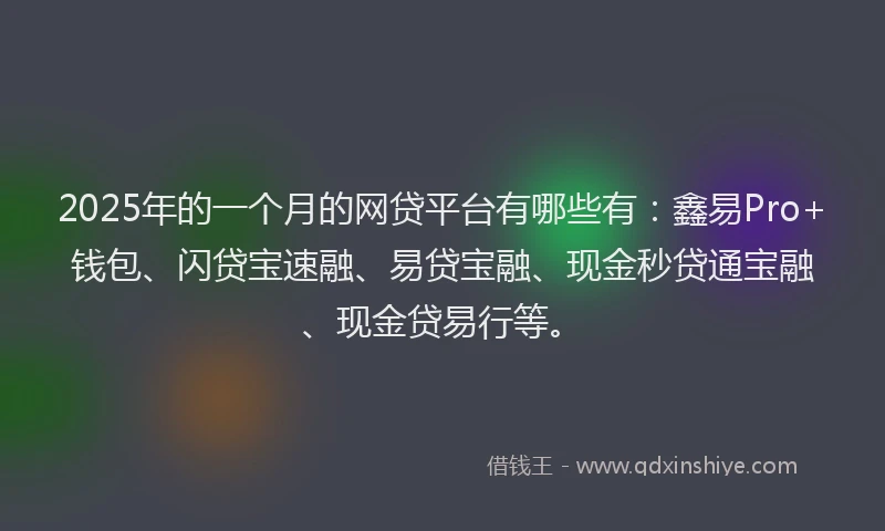 2025年的一个月的网贷平台有哪些有：鑫易Pro+钱包、闪贷宝速融、易贷宝融、现金秒贷通宝融、现金贷易行等。