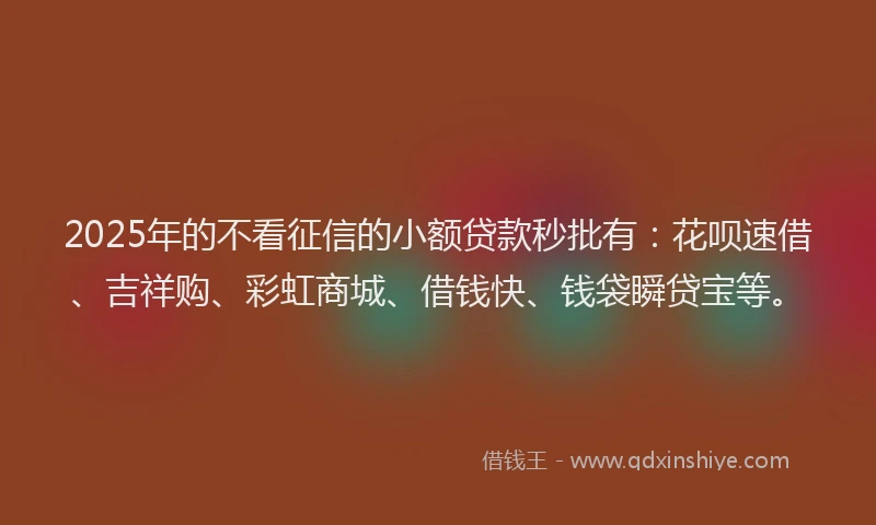 2025年的不看征信的小额贷款秒批有：花呗速借、吉祥购、彩虹商城、借钱快、钱袋瞬贷宝等。