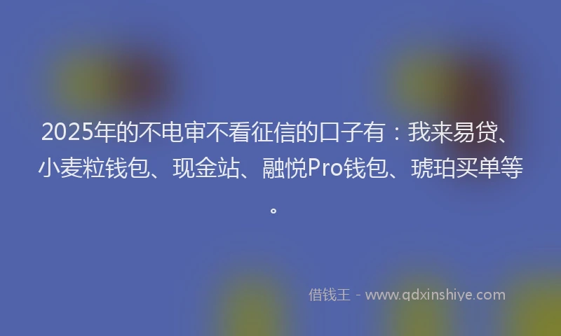 2025年的不电审不看征信的口子有：我来易贷、小麦粒钱包、现金站、融悦Pro钱包、琥珀买单等。