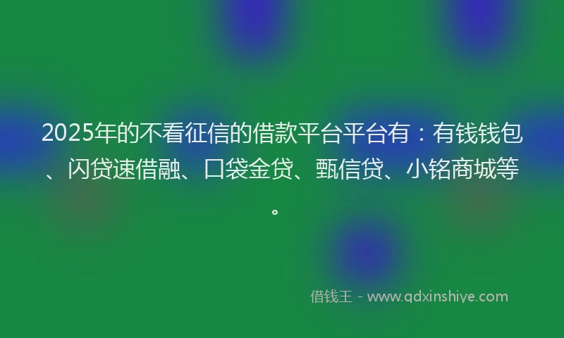 2025年的不看征信的借款平台平台有：有钱钱包、闪贷速借融、口袋金贷、甄信贷、小铭商城等。