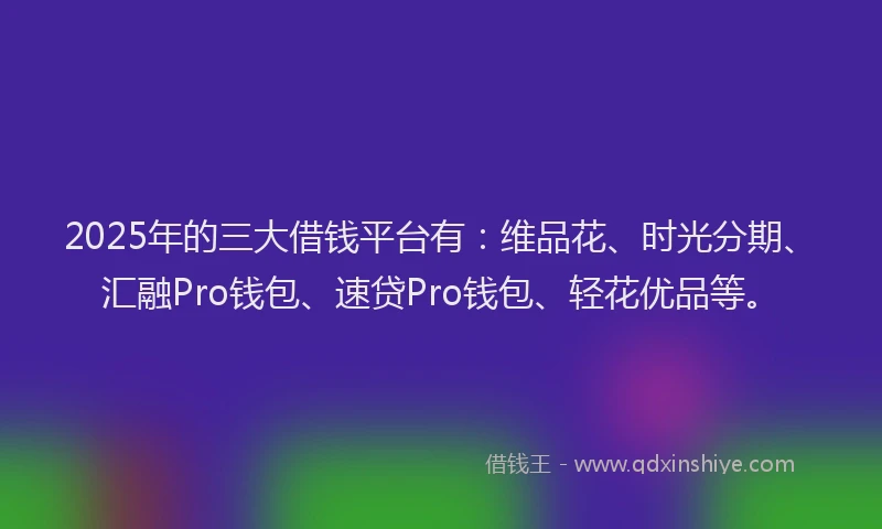 2025年的三大借钱平台有：维品花、时光分期、汇融Pro钱包、速贷Pro钱包、轻花优品等。