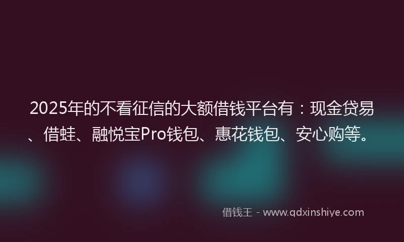 2025年的不看征信的大额借钱平台有：现金贷易、借蛙、融悦宝Pro钱包、惠花钱包、安心购等。
