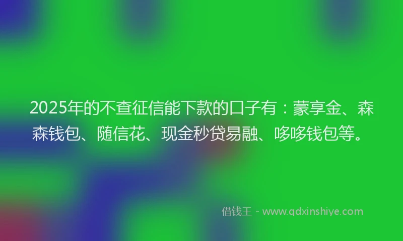 2025年的不查征信能下款的口子有：蒙享金、森森钱包、随信花、现金秒贷易融、哆哆钱包等。