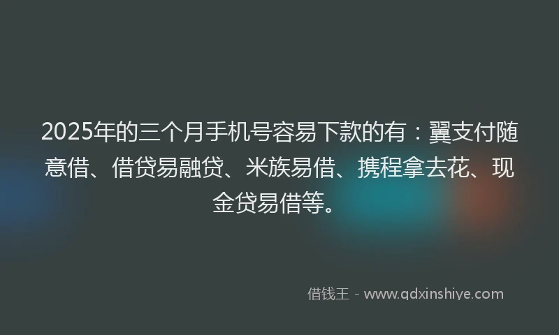 2025年的三个月手机号容易下款的有：翼支付随意借、借贷易融贷、米族易借、携程拿去花、现金贷易借等。