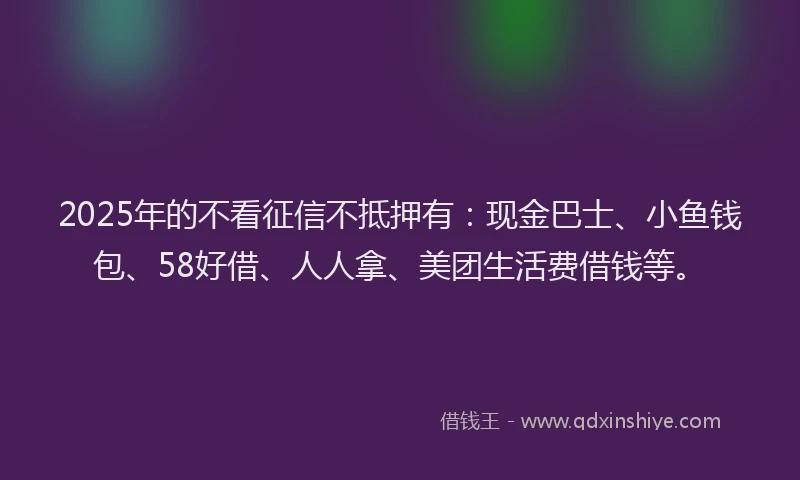 2025年的不看征信不抵押有：现金巴士、小鱼钱包、58好借、人人拿、美团生活费借钱等。
