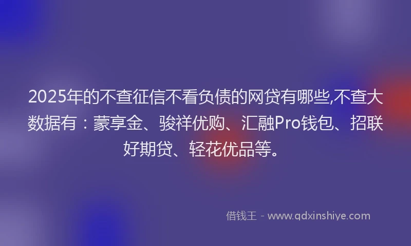 2025年的不查征信不看负债的网贷有哪些,不查大数据有：蒙享金、骏祥优购、汇融Pro钱包、招联好期贷、轻花优品等。