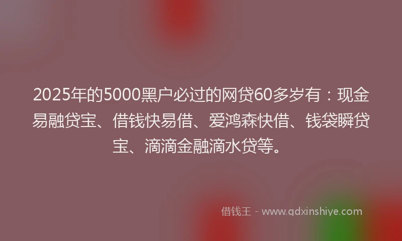 2025年的5000黑户必过的网贷60多岁有：现金易融贷宝、借钱快易借、爱鸿森快借、钱袋瞬贷宝、滴滴金融滴水贷等。